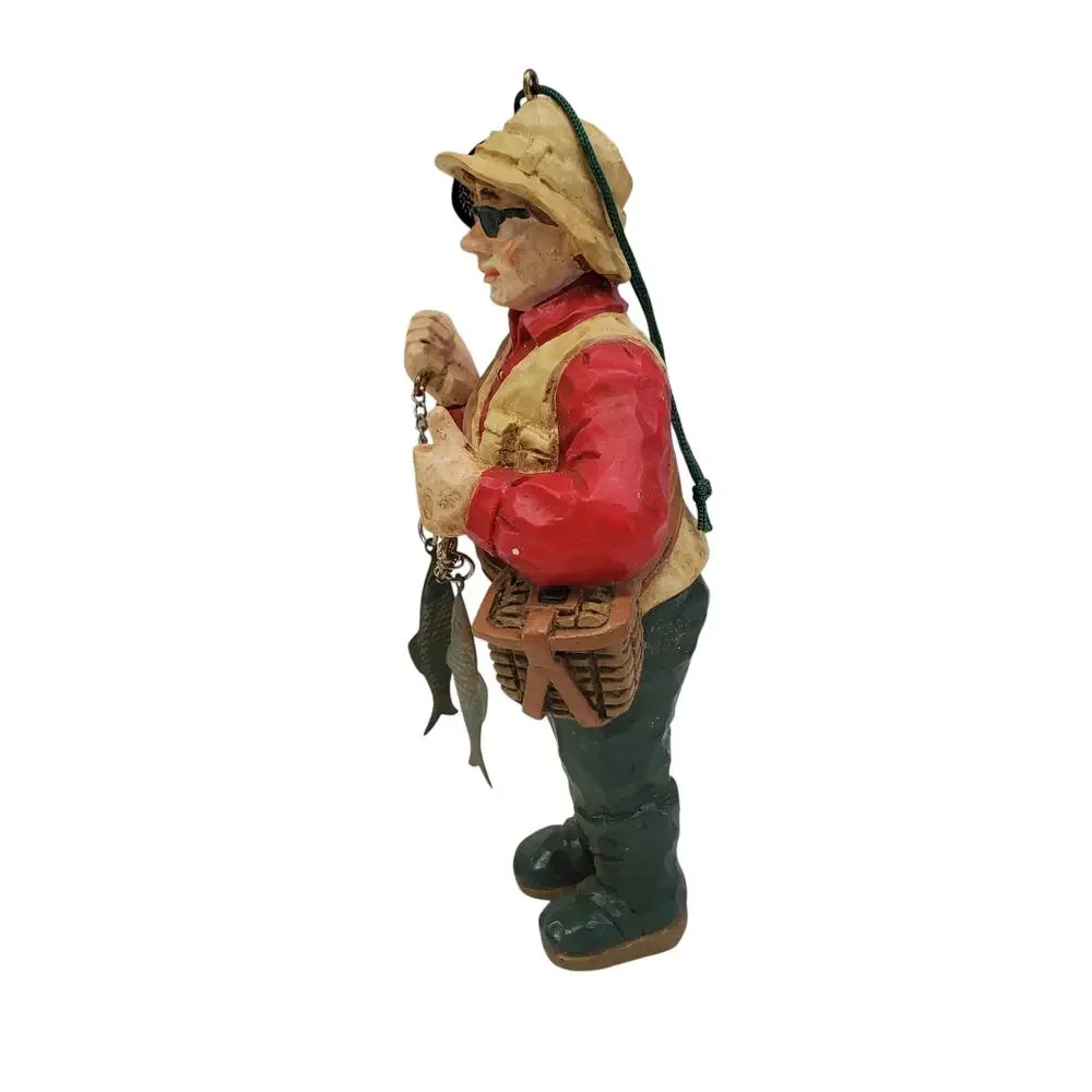 Vintage Fisherman Christmas Ornament Wood Hand Carved NEW OS Grandpa Dad